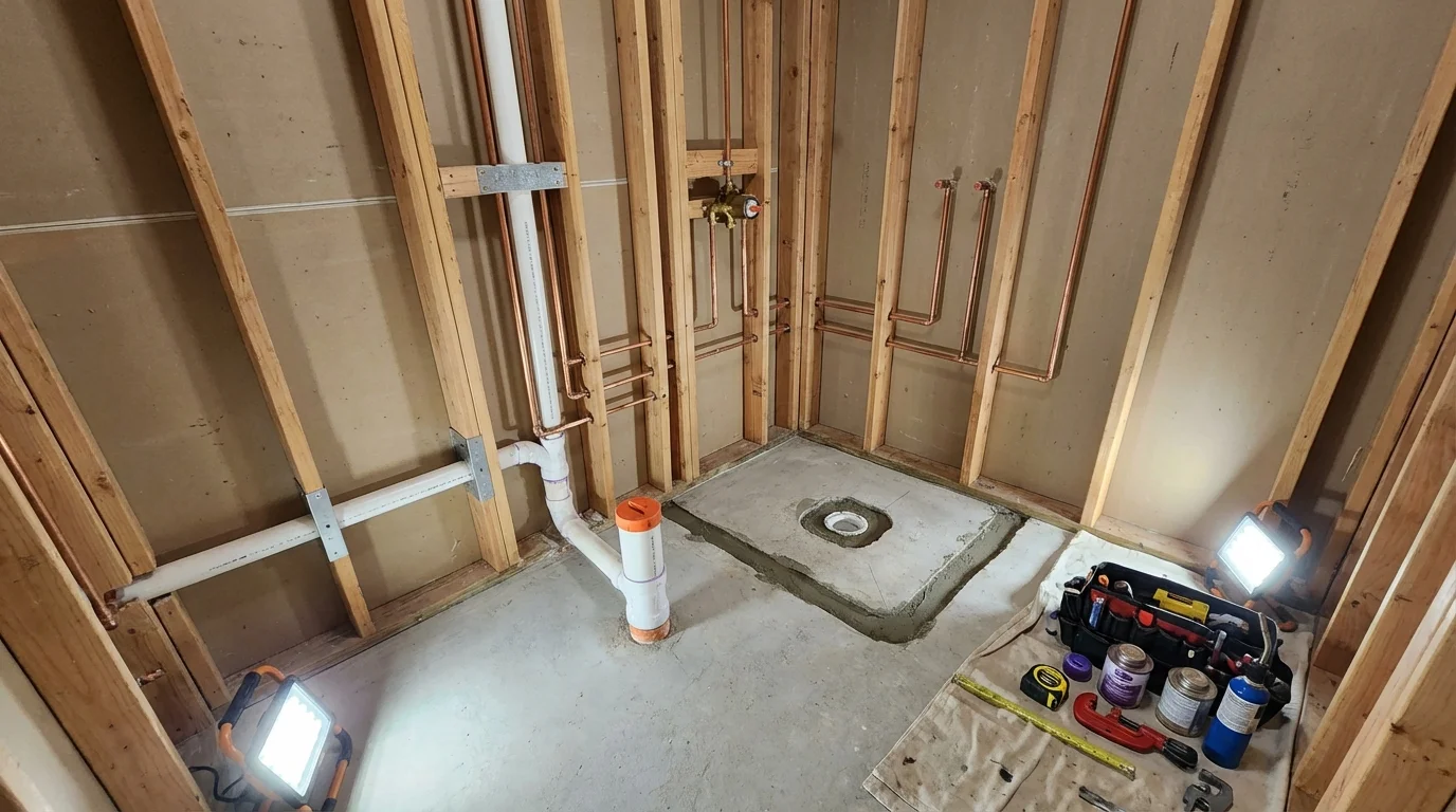 Bathroom rough-in plumbing during remodel by Johns Plumbing LLC in Mountain City