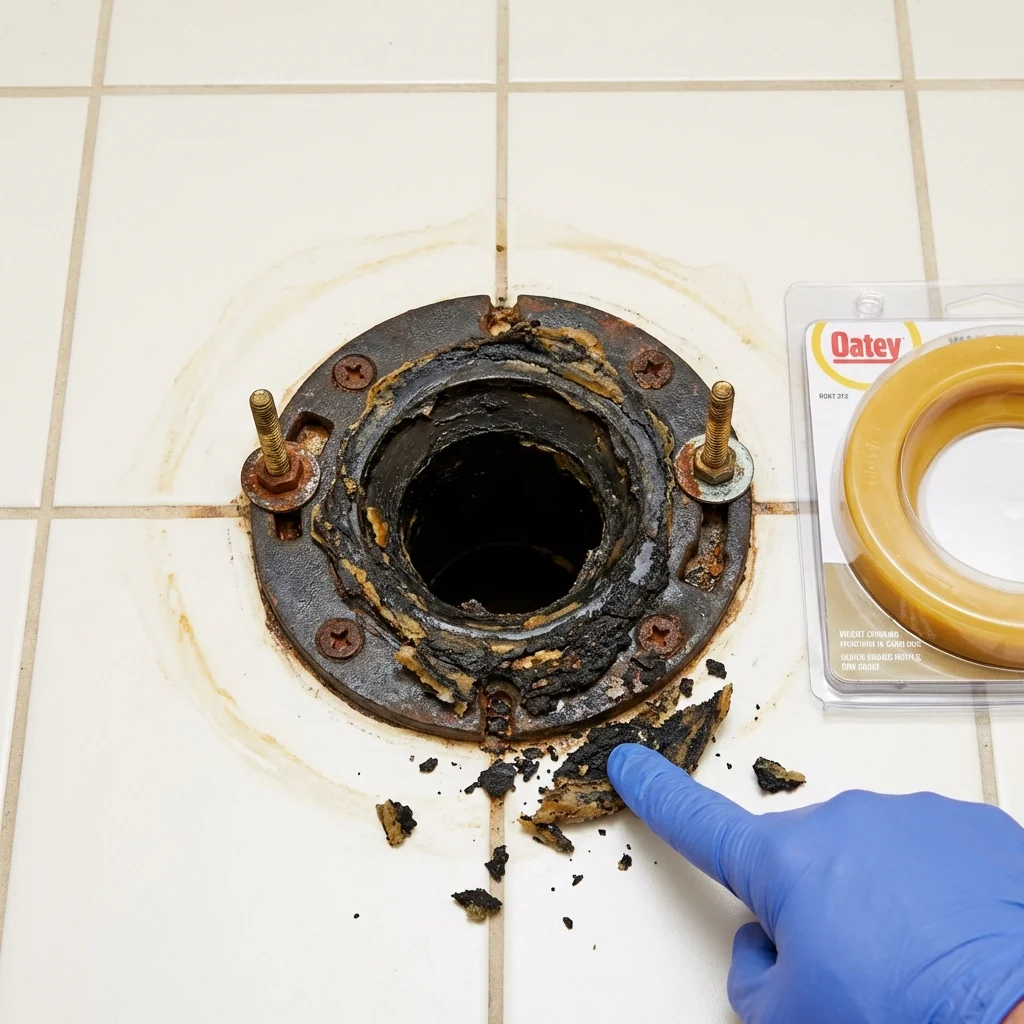 Failed wax ring showing water seepage at the base of a toilet in a Mountain City, TN home