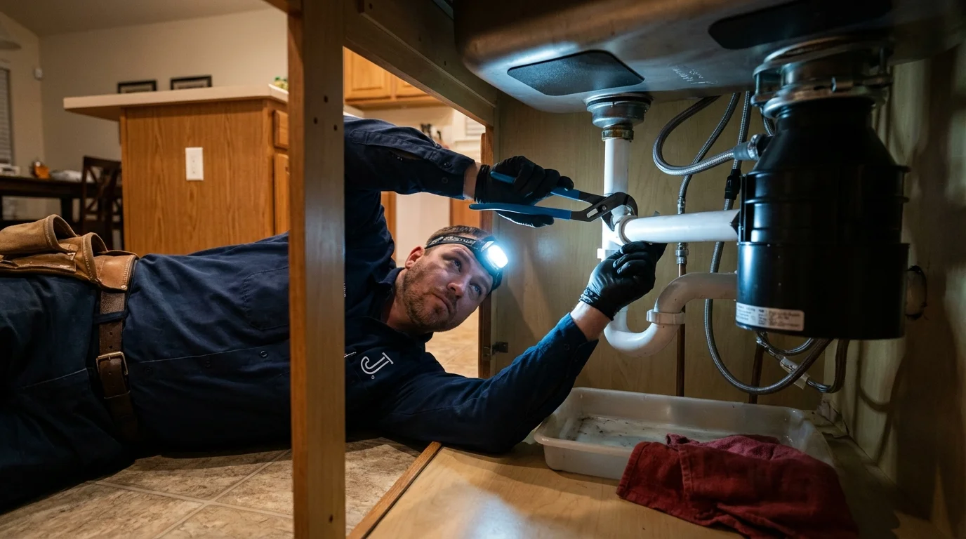 P-trap and supply line connections under a kitchen sink showing a common leak point in Mountain City, TN